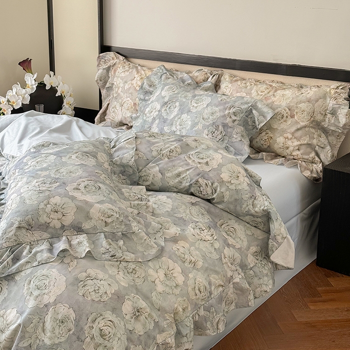 91家纺网 家纺一手货源 找家纺 窝米 2024春夏13376法式复古大花边数码款四件套系列 芙朵-绿