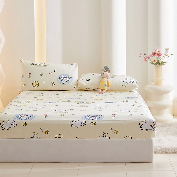 91家纺网 家纺一手货源 找家纺 怡家居 2024新款A类老粗布枕套床单床笠单品组合三件套 好心情