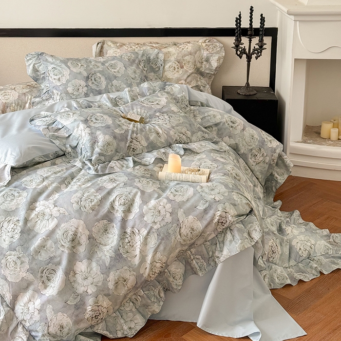 91家纺网 家纺一手货源 找家纺 窝米 2024春夏13376法式复古大花边数码款四件套系列 芙朵-绿