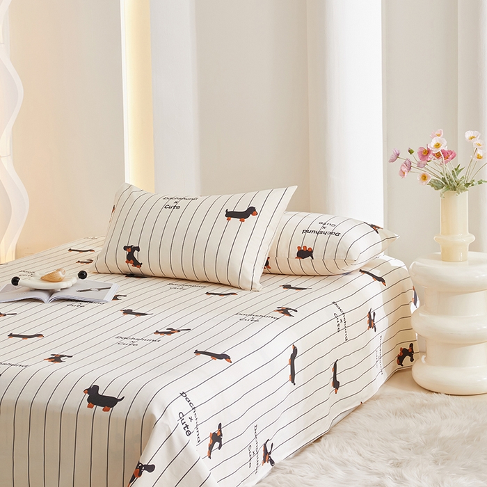 91家纺网 家纺一手货源 找家纺 怡家居 2024新款A类老粗布枕套床单床笠单品组合三件套 条纹腊肠狗