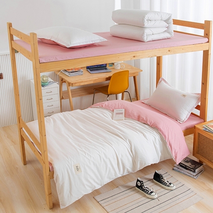 91家纺网 家纺一手货源 找家纺 鑫宇家纺 2025新款13372全棉纯色双拼学生宿舍三件套六件套奶白+浅粉