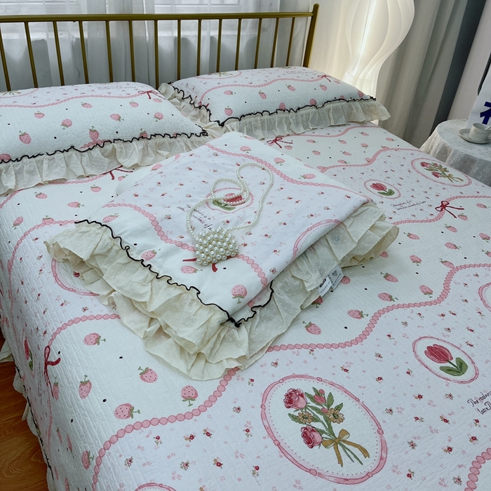 91家纺网 家纺一手货源 找家纺 暖居 2024新款韩系大花边夏被砂洗棉花床盖四件套可机洗+同款纯棉被套收捧花