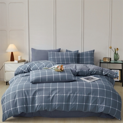 91家纺网 家纺一手货源 找家纺 盛秋家纺 2025新款水洗棉格子系列四件套 灰大格+蓝灰