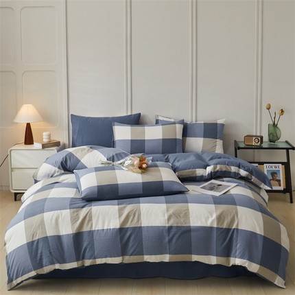 91家纺网 家纺一手货源 找家纺 盛秋家纺 2025新款水洗棉格子系列四件套 蓝大格+宾利蓝