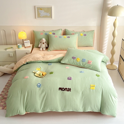 2024新款超柔云朵棉毛巾绣四件套 小怪兽-浅绿浅卡其