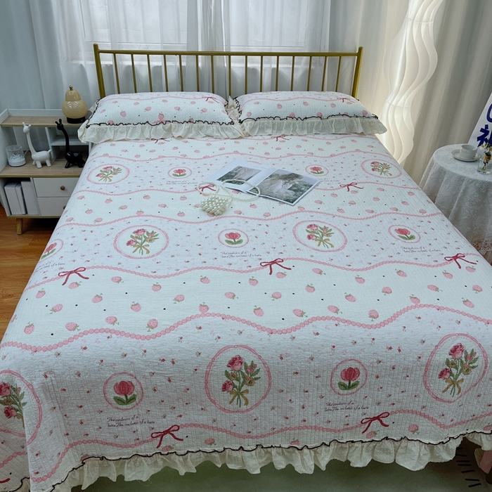 91家纺网 家纺一手货源 找家纺 暖居 2024新款韩系大花边夏被砂洗棉花床盖四件套可机洗+同款纯棉被套收捧花