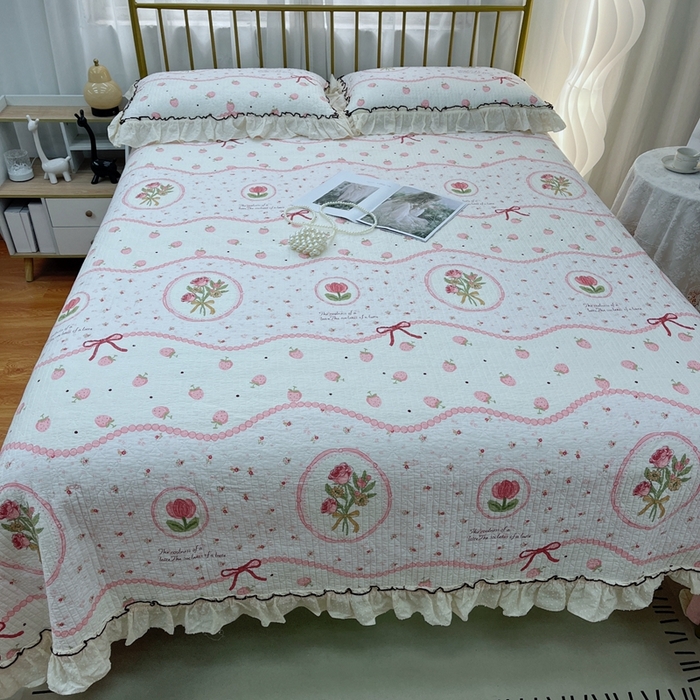 91家纺网 家纺一手货源 找家纺 暖居 2024新款韩系大花边夏被砂洗棉花床盖四件套可机洗+同款纯棉被套收捧花