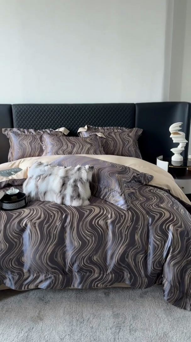 91家纺网 家纺一手货源 找家纺 优悦 2024新款A面提花B面天丝四件套 似水流年-深灰