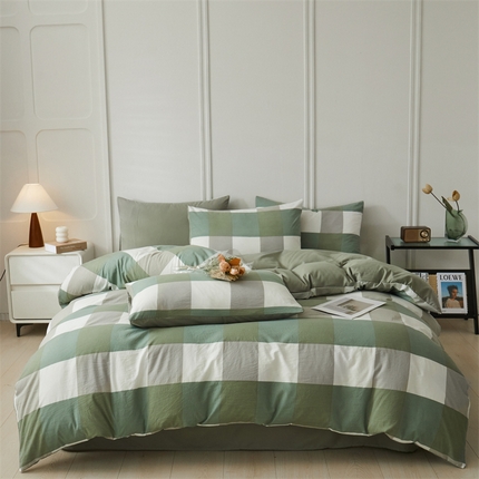 91家纺网 家纺一手货源 找家纺 盛秋家纺 2025新款水洗棉格子系列四件套 绿大格+明灰