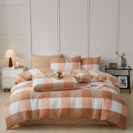 91家纺网 家纺一手货源 找家纺 盛秋家纺 2025新款水洗棉格子系列四件套 咖大格+奶茶