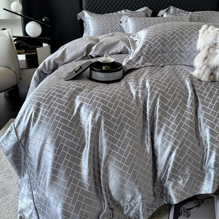 91家纺网 家纺一手货源 找家纺 优悦 2024新款A面提花B面天丝四件套 富丽格-浅灰