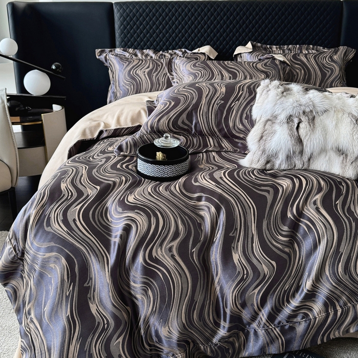 91家纺网 家纺一手货源 找家纺 优悦 2024新款A面提花B面天丝四件套 似水流年-深灰