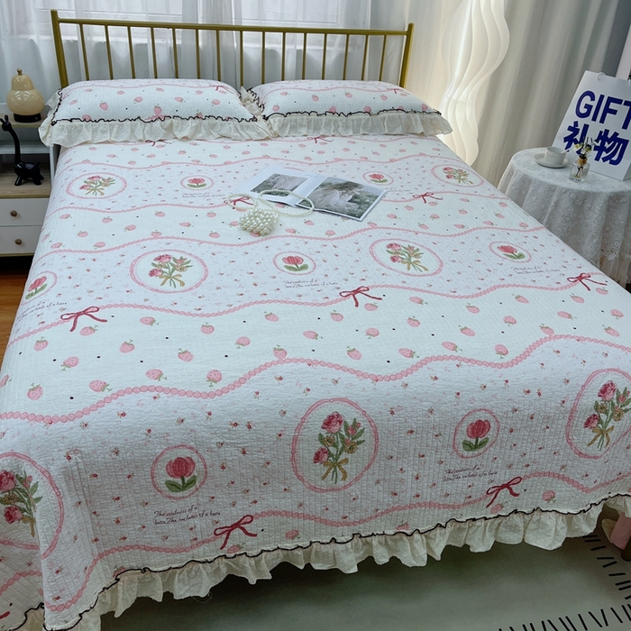 91家纺网 家纺一手货源 找家纺 暖居 2024新款韩系大花边夏被砂洗棉花床盖四件套可机洗+同款纯棉被套收捧花