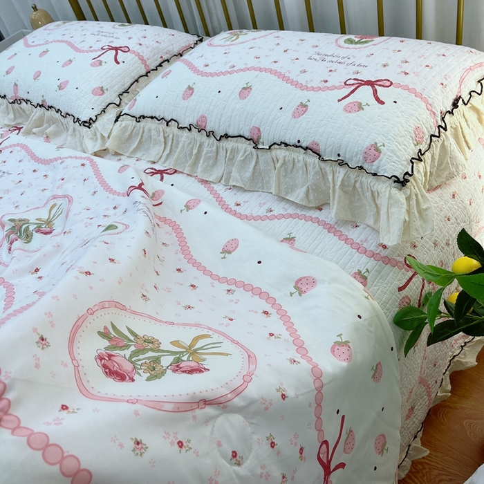 91家纺网 家纺一手货源 找家纺 暖居 2024新款韩系大花边夏被砂洗棉花床盖四件套可机洗+同款纯棉被套收捧花