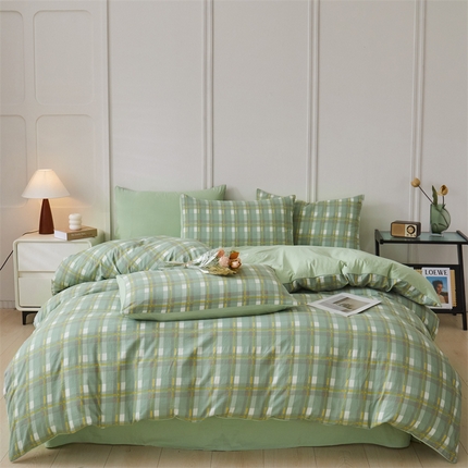 91家纺网 家纺一手货源 找家纺 盛秋家纺 2025新款水洗棉格子系列四件套 伯曼+灰绿