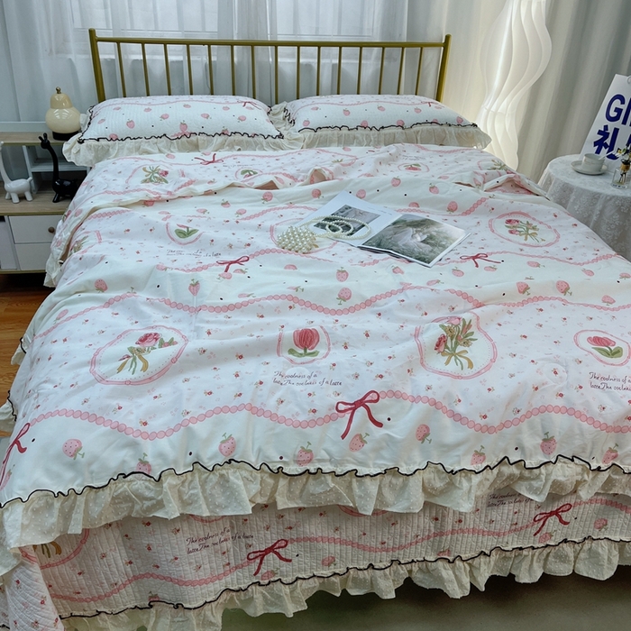 91家纺网 家纺一手货源 找家纺 暖居 2024新款韩系大花边夏被砂洗棉花床盖四件套可机洗+同款纯棉被套收捧花