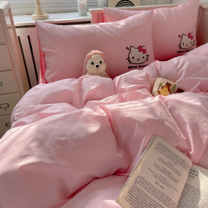 91家纺网 家纺一手货源 找家纺 金爱家 2024新款卡通纯棉毛巾绣四件套 毛巾绣-甜粉kt