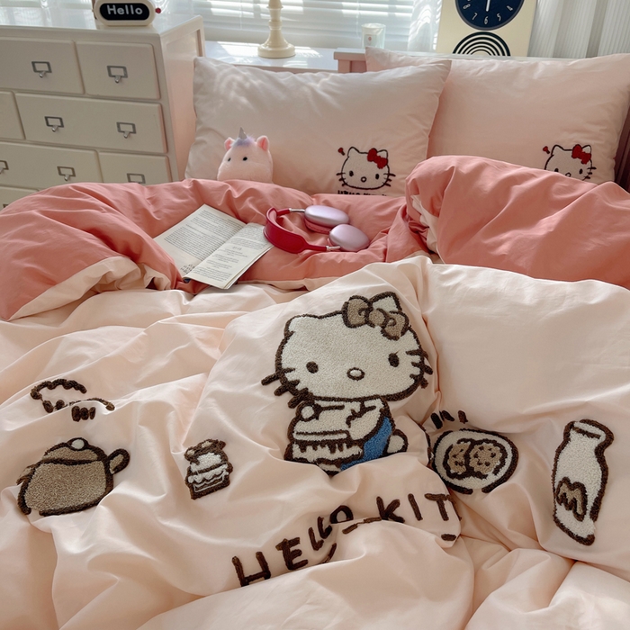 91家纺网 家纺一手货源 找家纺 金爱家 2024新款卡通纯棉毛巾绣四件套 毛巾绣-豆沙kt