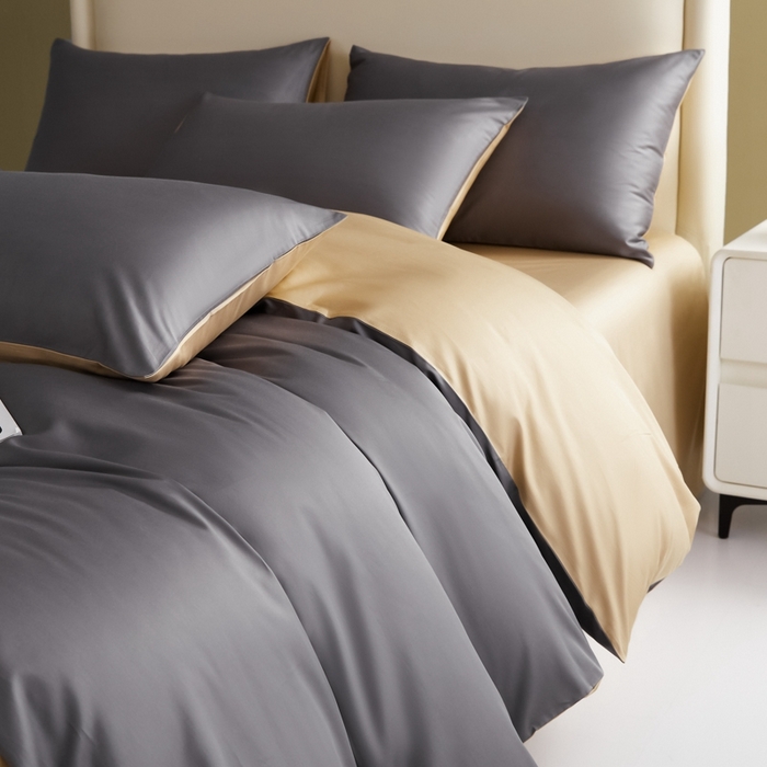 91家纺网 家纺一手货源 找家纺 莱阁亿 2025新款60支长绒棉纯色拼色四件套 帝都灰+香槟