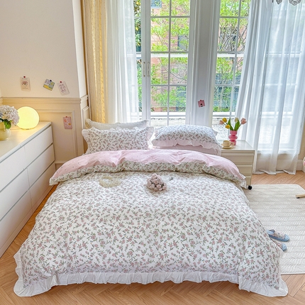 清雅福 2024新款喷气全棉13372韩版花边款四件套 点点