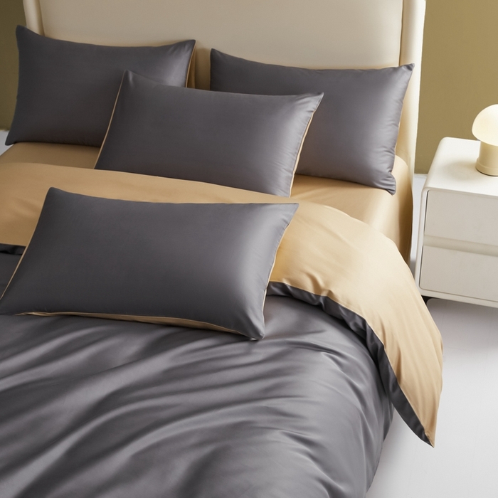 91家纺网 家纺一手货源 找家纺 莱阁亿 2025新款60支长绒棉纯色拼色四件套 帝都灰+香槟