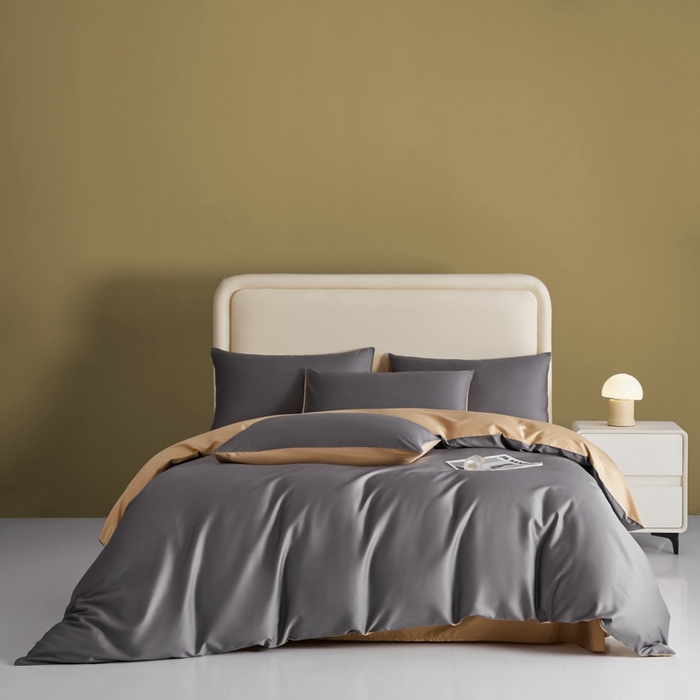 91家纺网 家纺一手货源 找家纺 莱阁亿 2025新款60支长绒棉纯色拼色四件套 帝都灰+香槟