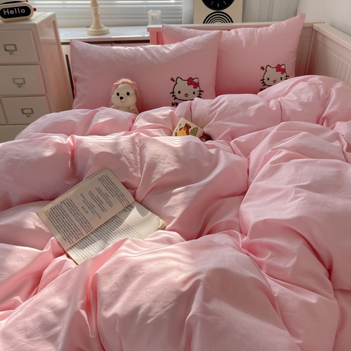 91家纺网 家纺一手货源 找家纺 金爱家 2024新款卡通纯棉毛巾绣四件套 毛巾绣-甜粉kt