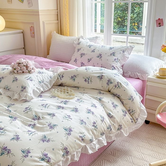 91家纺网 家纺一手货源 找家纺 清雅福 2024新款喷气全棉13372韩版花边款单枕套 薰衣草