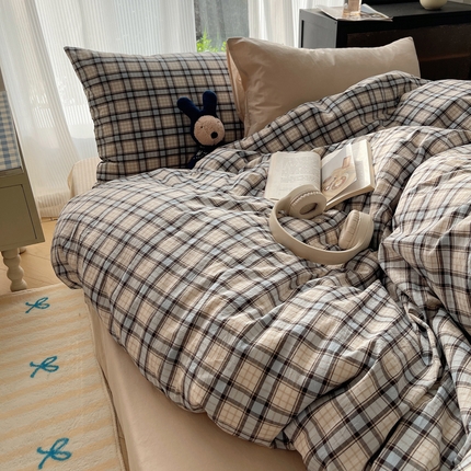 91家纺网 家纺一手货源 找家纺 六巷胡同 2024新款INS盐系博主风格子混搭四件套 奈弗达尔-蓝格