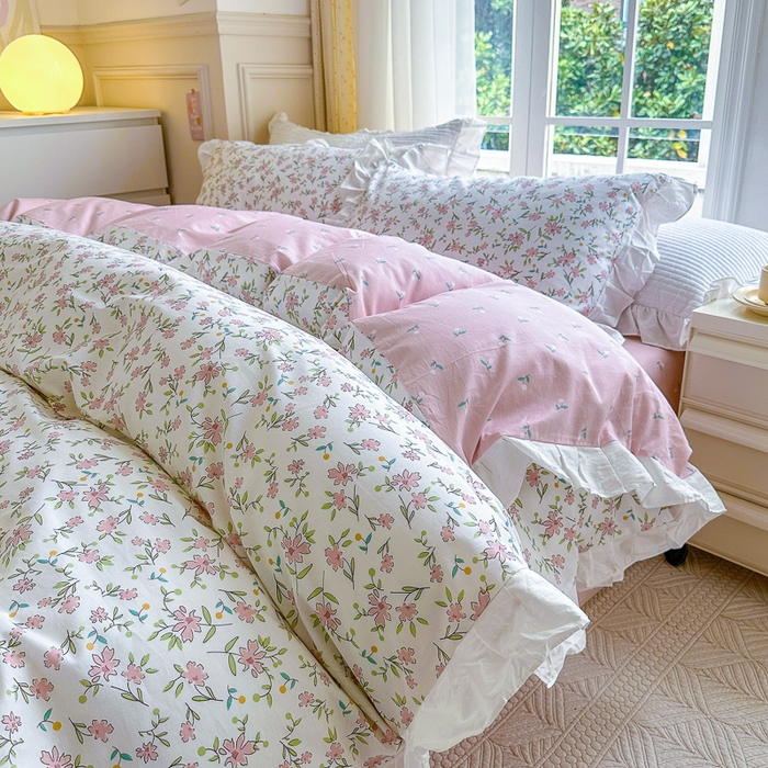 91家纺网 家纺一手货源 找家纺 清雅福 2024新款喷气全棉13372韩版花边款四件套 点点