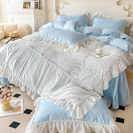 91家纺网 家纺一手货源 找家纺 艺玲家纺 2024新款韩版糯小棉高端定制蕾丝雪纺花边赫琳娜四件套 赫琳娜-蓝