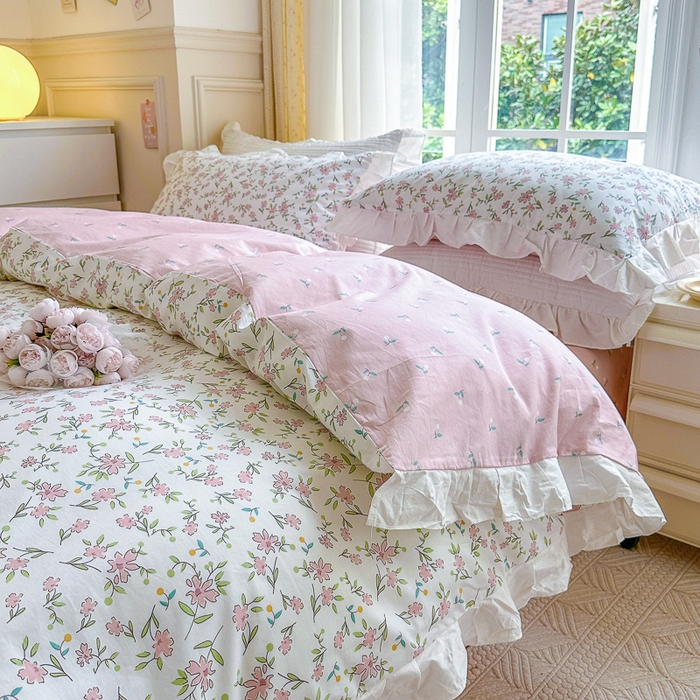 91家纺网 家纺一手货源 找家纺 清雅福 2024新款喷气全棉13372韩版花边款单被套 点点