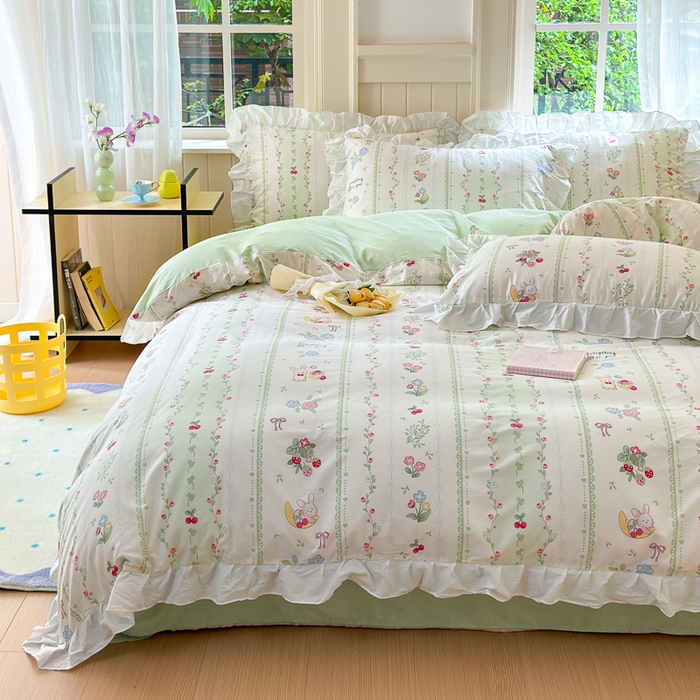 91家纺网 家纺一手货源 找家纺 （总）清雅福 2024新款喷气全棉13372韩版花边款四件套