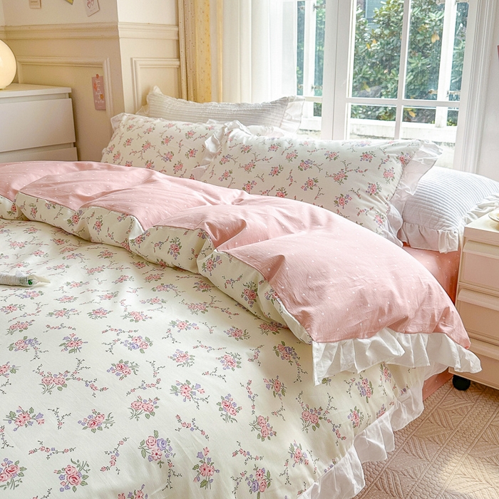 91家纺网 家纺一手货源 找家纺 清雅福 2024新款喷气全棉13372韩版花边款四件套 柔香