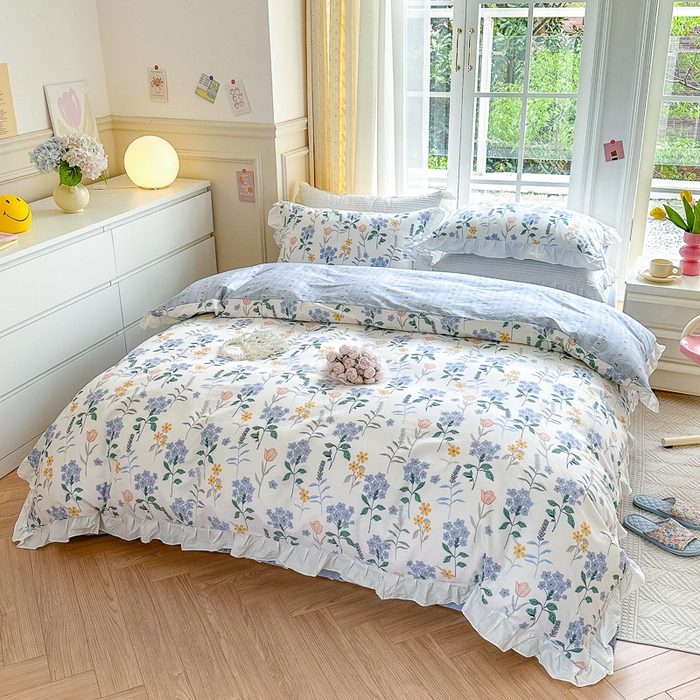 91家纺网 家纺一手货源 找家纺 清雅福 2024新款喷气全棉13372韩版花边款四件套 爱丽丝