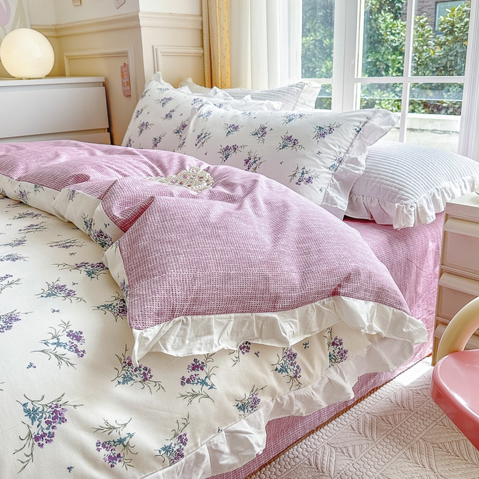 91家纺网 家纺一手货源 找家纺 清雅福 2024新款喷气全棉13372韩版花边款单被套 薰衣草