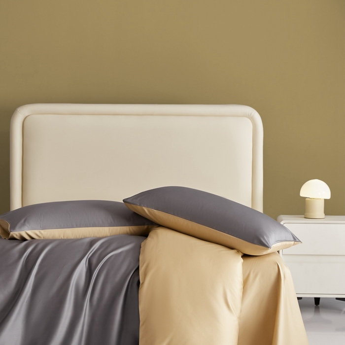 91家纺网 家纺一手货源 找家纺 莱阁亿 2025新款60支长绒棉纯色拼色四件套 帝都灰+香槟