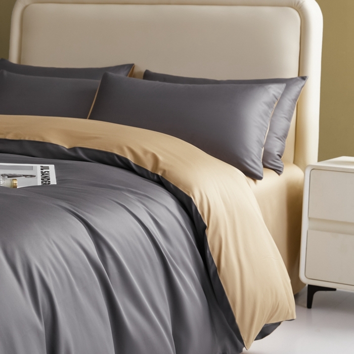 91家纺网 家纺一手货源 找家纺 莱阁亿 2025新款60支长绒棉纯色拼色四件套 帝都灰+香槟