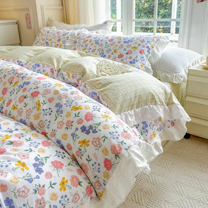 91家纺网 家纺一手货源 找家纺 清雅福 2024新款喷气全棉13372韩版花边款四件套 初遇