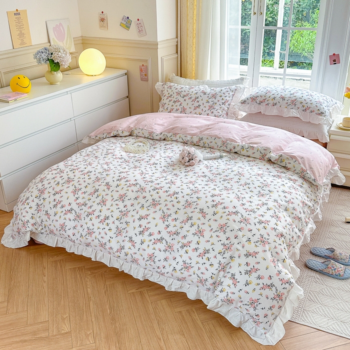 91家纺网 家纺一手货源 找家纺 清雅福 2024新款喷气全棉13372韩版花边款四件套 好事花生