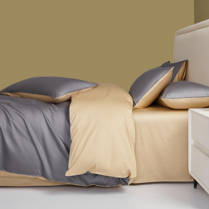 91家纺网 家纺一手货源 找家纺 莱阁亿 2025新款60支长绒棉纯色拼色四件套 帝都灰+香槟