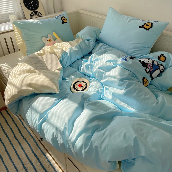 91家纺网 家纺一手货源 找家纺 金爱家 2024新款卡通纯棉毛巾绣四件套 毛巾绣-蓝蓝帕哈狗