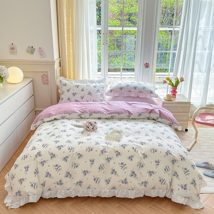 91家纺网 家纺一手货源 找家纺 清雅福 2024新款喷气全棉13372韩版花边款单枕套 薰衣草