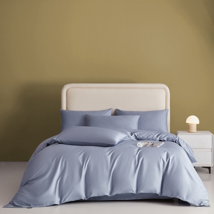 莱阁亿 2025新款60支长绒棉纯色拼色四件套 灰蓝