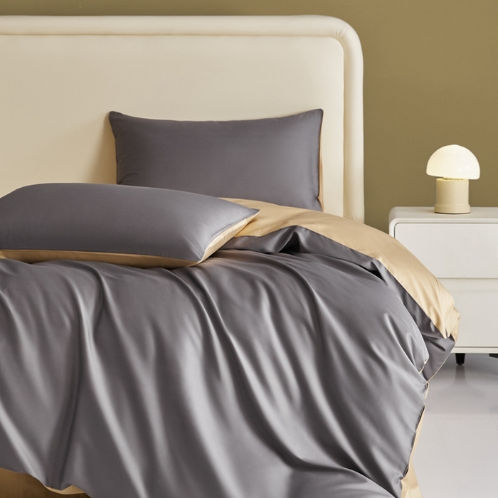 91家纺网 家纺一手货源 找家纺 莱阁亿 2025新款60支长绒棉纯色拼色四件套 帝都灰+香槟