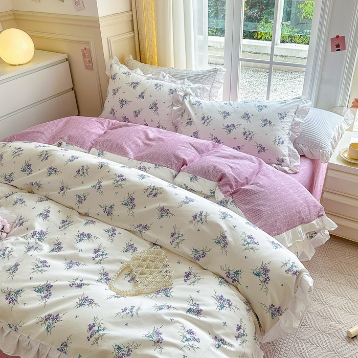 91家纺网 家纺一手货源 找家纺 清雅福 2024新款喷气全棉13372韩版花边款单枕套 薰衣草