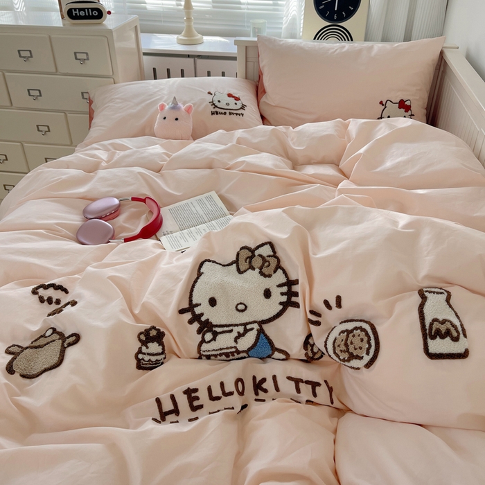 91家纺网 家纺一手货源 找家纺 金爱家 2024新款卡通纯棉毛巾绣四件套 毛巾绣-豆沙kt