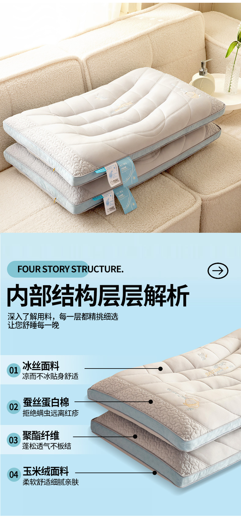 91家纺网 家纺一手货源 找家纺 （总）梦叶草 2024新款冰蚕面膜蚕丝蛋白枕芯A版凉感丝B版玉米绒四季两用枕头