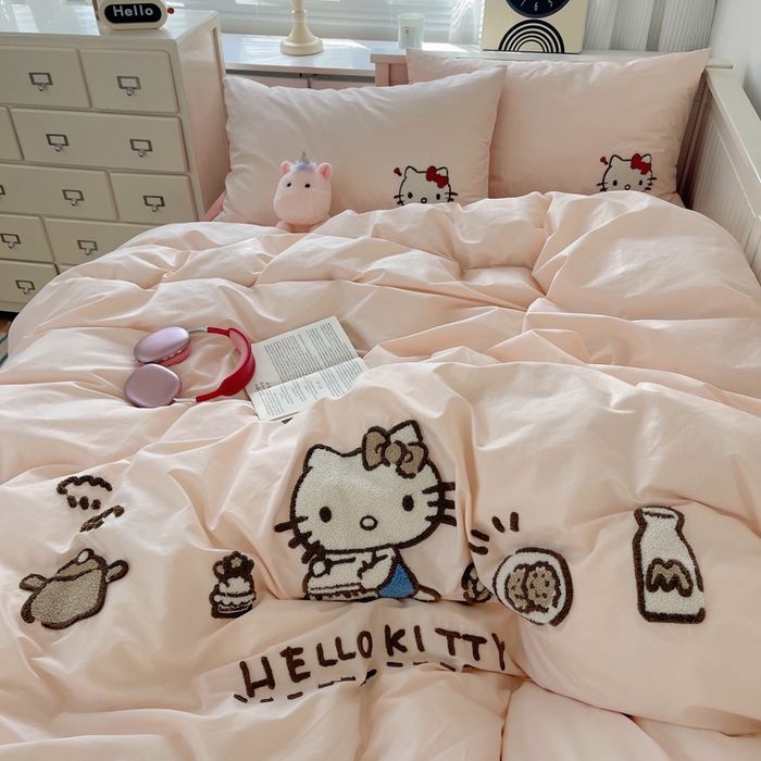 91家纺网 家纺一手货源 找家纺 金爱家 2024新款卡通纯棉毛巾绣四件套 毛巾绣-豆沙kt