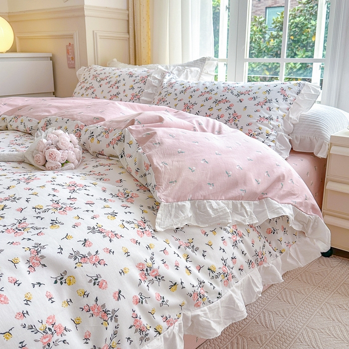 91家纺网 家纺一手货源 找家纺 清雅福 2024新款喷气全棉13372韩版花边款单被套 好事花生